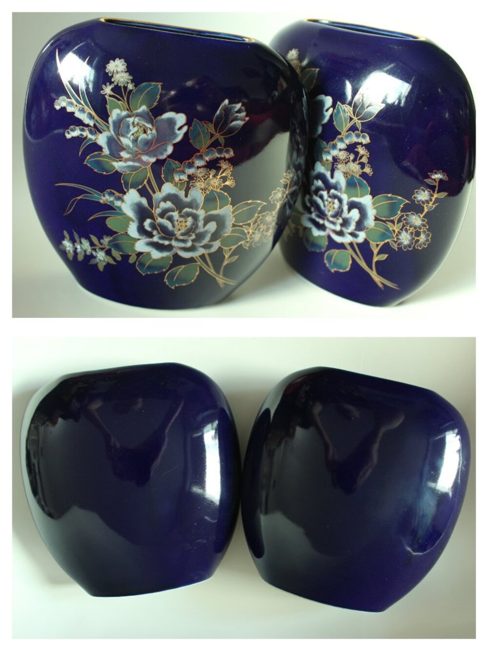 [MCI] Pair of Cobalt Blue Floral Flat Oval Vases (MCM, Japan)